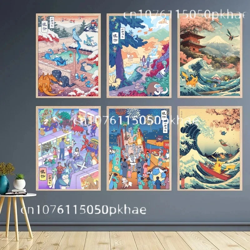 Pokemon ukiyo-e figuras de Anime Pikachu Squirtle Gengar lienzo pintura Anime arte de pared impresiones decoración para sala de estar carteles niños