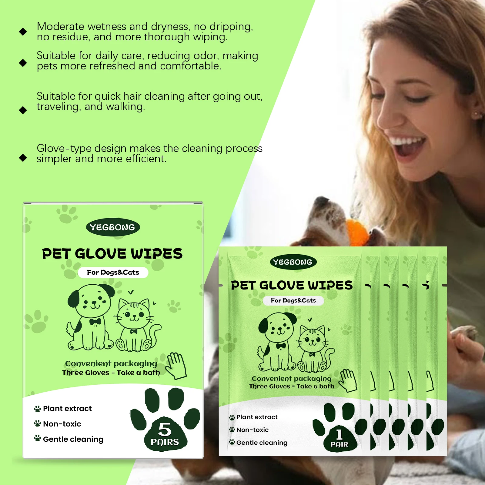Pet Glove Wipes Disposable No-Rinse Grooming Quick Clean Pet Hair Deodorizing Soothing Skin Fresh Scent Dog Cat Cleaning Gloves