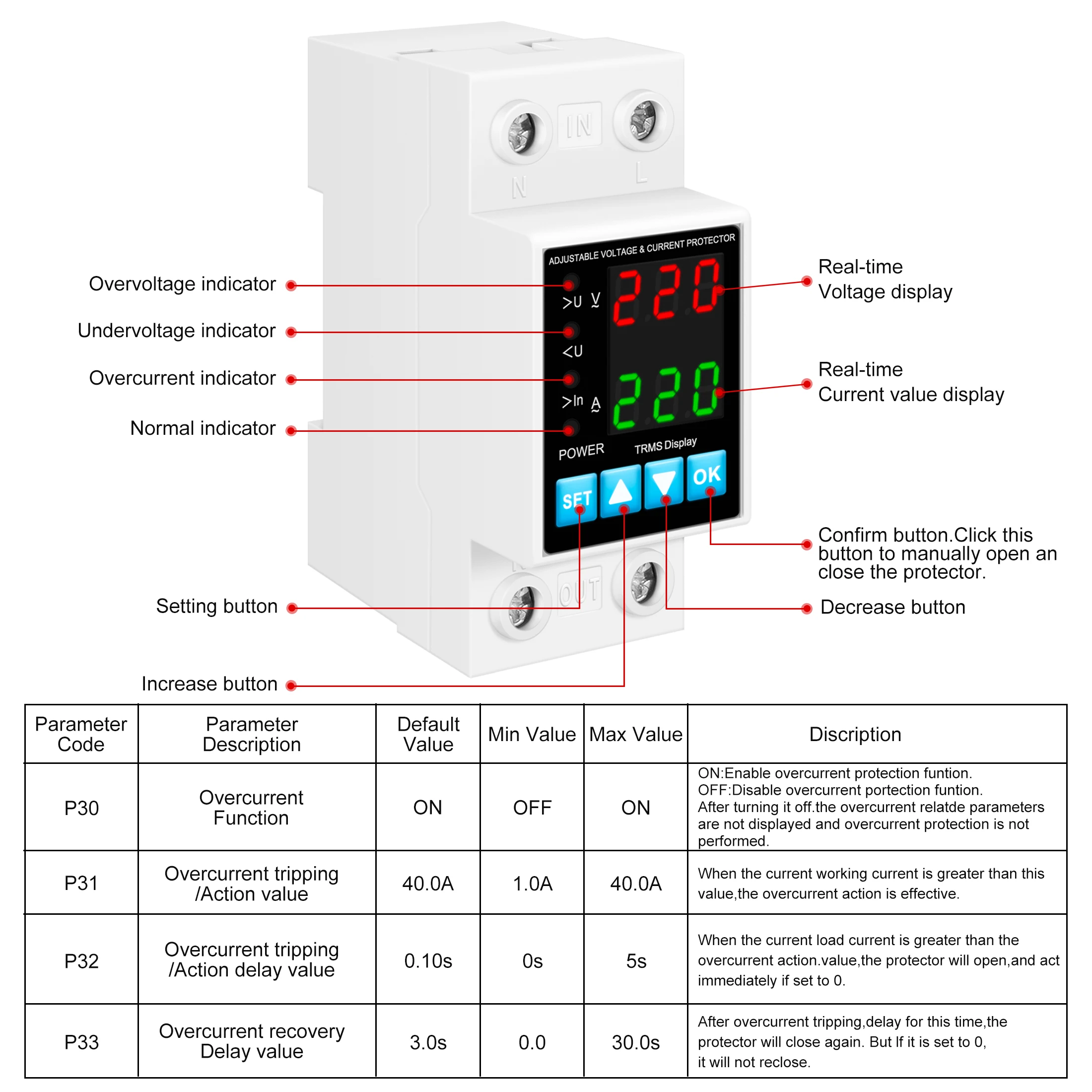 40A 63A 230V Din Ray Ayarlanabilir Aşırı Gerilim ve Düşük Gerilim Koruyucu Cihaz Koruyucu Röle Aşırı Akım Korumalı