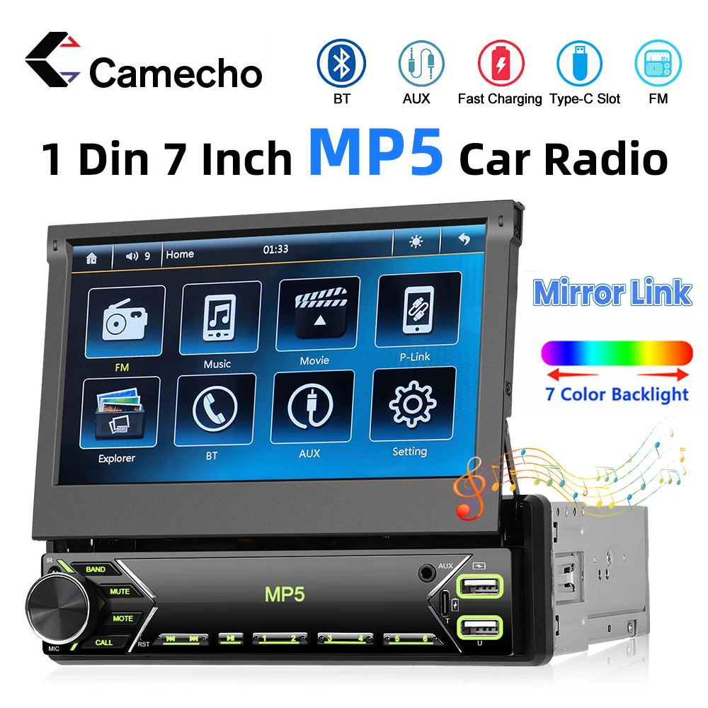 Camecho 1 Din Car Stereo MP5 Player 7 Inch Auto Radio Retractable Screen Multimedia Video Play Universal 1Din Autoradio No dvd