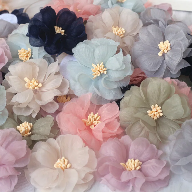 10Pcs 6CM Handmade Chiffon Multilayer Fabric Cored Flowers For Wedding Dress Skirt Hats Decor Headband DIY Hair Accessories