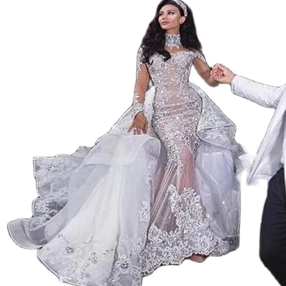 

Luxurious Mermaid Wedding Dresses For Bride High Neck Lace Appliques Bridal Gowns With Detachable Train 2 In 1 Women Clothing