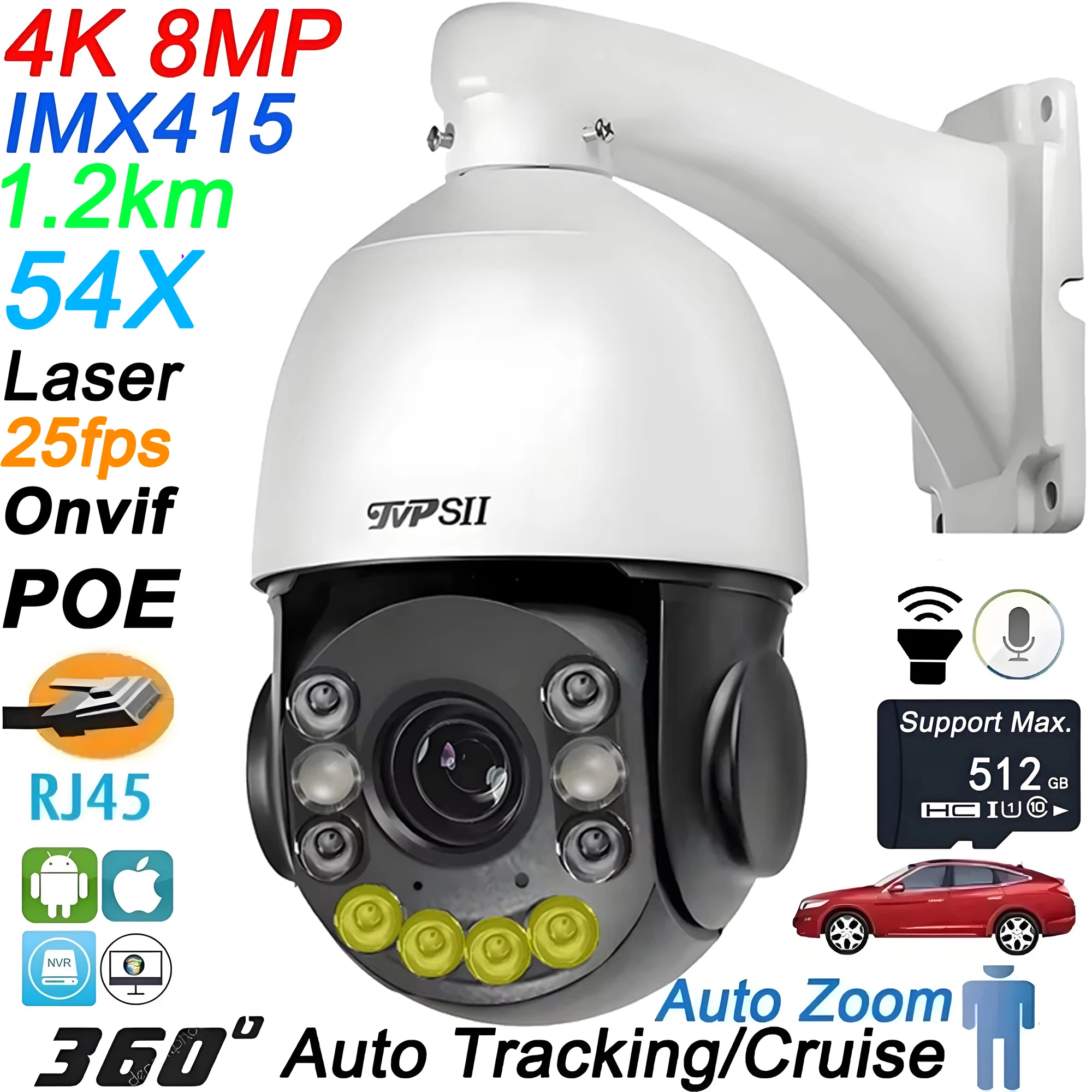 Laser-Infrarot Vollfarb-Auto-Tracking-Einschwenk-System Echtzeit 25fps 8MP 4K 90X Optischer Zoom 360 °   Onvif POE PTZ IP Überwachungs-Speed-Dome-Kamera