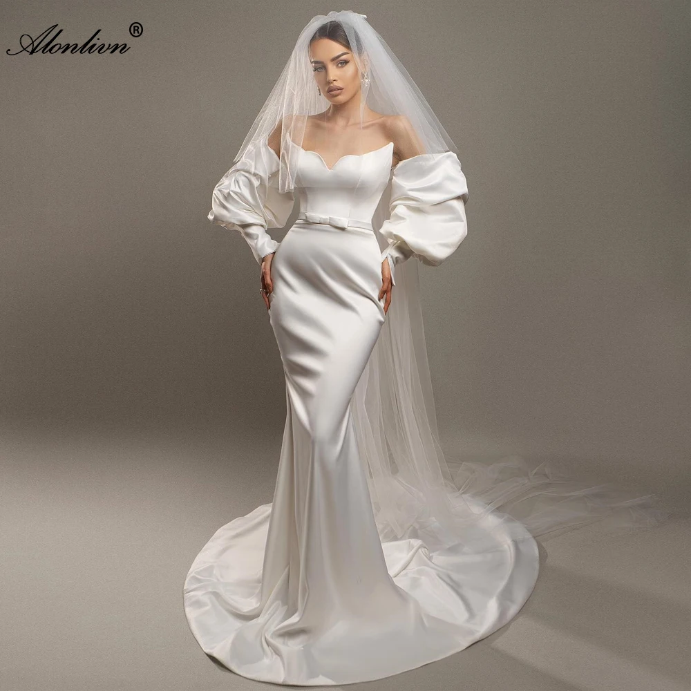 Alonlivn Customize Made Elegance Satin Mermaid Wedding Dress With Off Shoulder Removable Sleeves Simple Trumpet Bridal Gowns