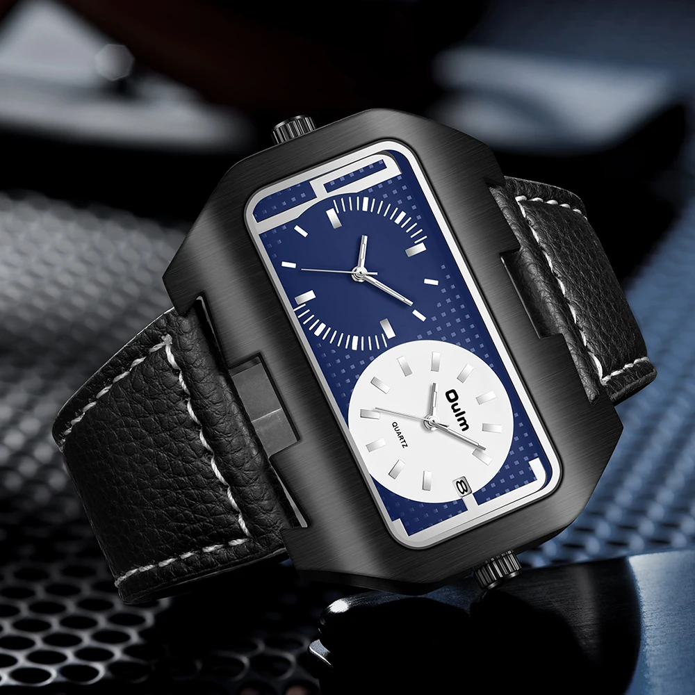 Oulm موضة جديدة تريند كول ساعة رجالي ضوء الليل التقويم وظيفة المنطقة الزمنية المزدوجة مستطيلة كبيرة الطلب ساعة كوارتز reloj