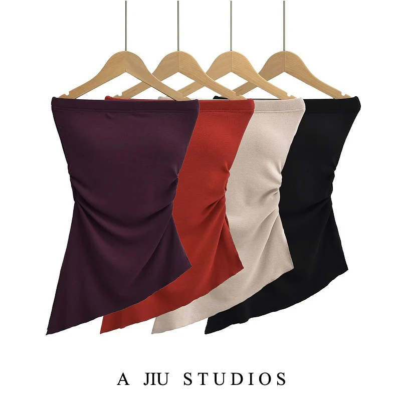 Sexy Spicy Girl Flat Mouth Tube Top with Chest Pad Wrap Chest Women Summer Irregular Hem Split Waist in Street Sle Color