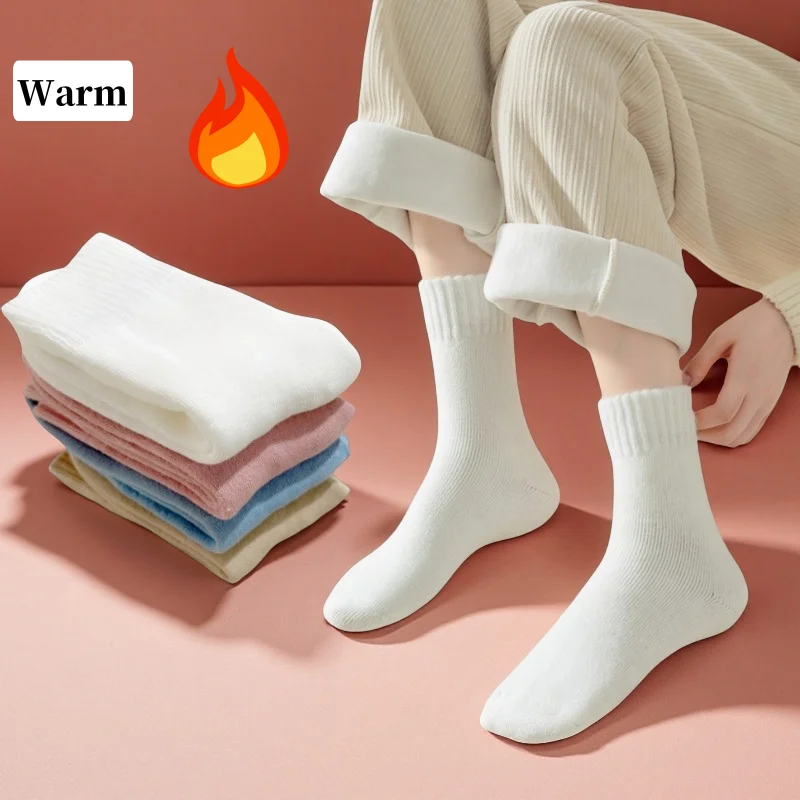 1/4 Paar Herbst- und Winter-Fleece-gefütterte dicke Damen-Thermosocken, Herbst- und Wintersocken in der Mitte der Wade, warm und bequem, Bodensocken für zu Hause, Frottee-Futter, Schlafsocken,
