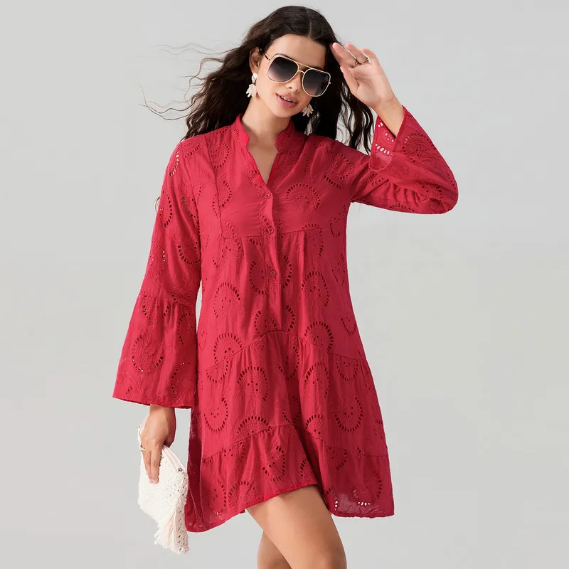 

WPNAKS Women Embroidery Lace Shirt Dress Eyelet Hollow Out Long Sleeve Front Button V-Neck Loose Midi Dress Beach Holiday