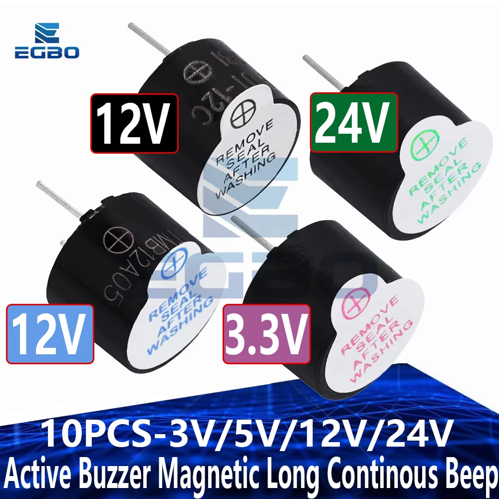 10 SZT. Aktywny brzęczyk magnetyczny 3V/5V/12V/24V, długi ciągły dźwięk alarmowy, dzwonek, 12mm MINI aktywne brzęczyki piezoelektryczne kompatybilne z Arduino