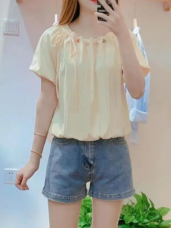 

Dopne Design Bow Tie ort Sve Women's Summer Loose Slimming Bubble Sve Top Trendy Commute Sle round Ne irt