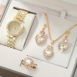 1pc Rhinestone Decor Quartz Watch Luxury Starry Dial Analog Party Dress Watch & 4pcs Jewelry Set, Gift For Mom/Her