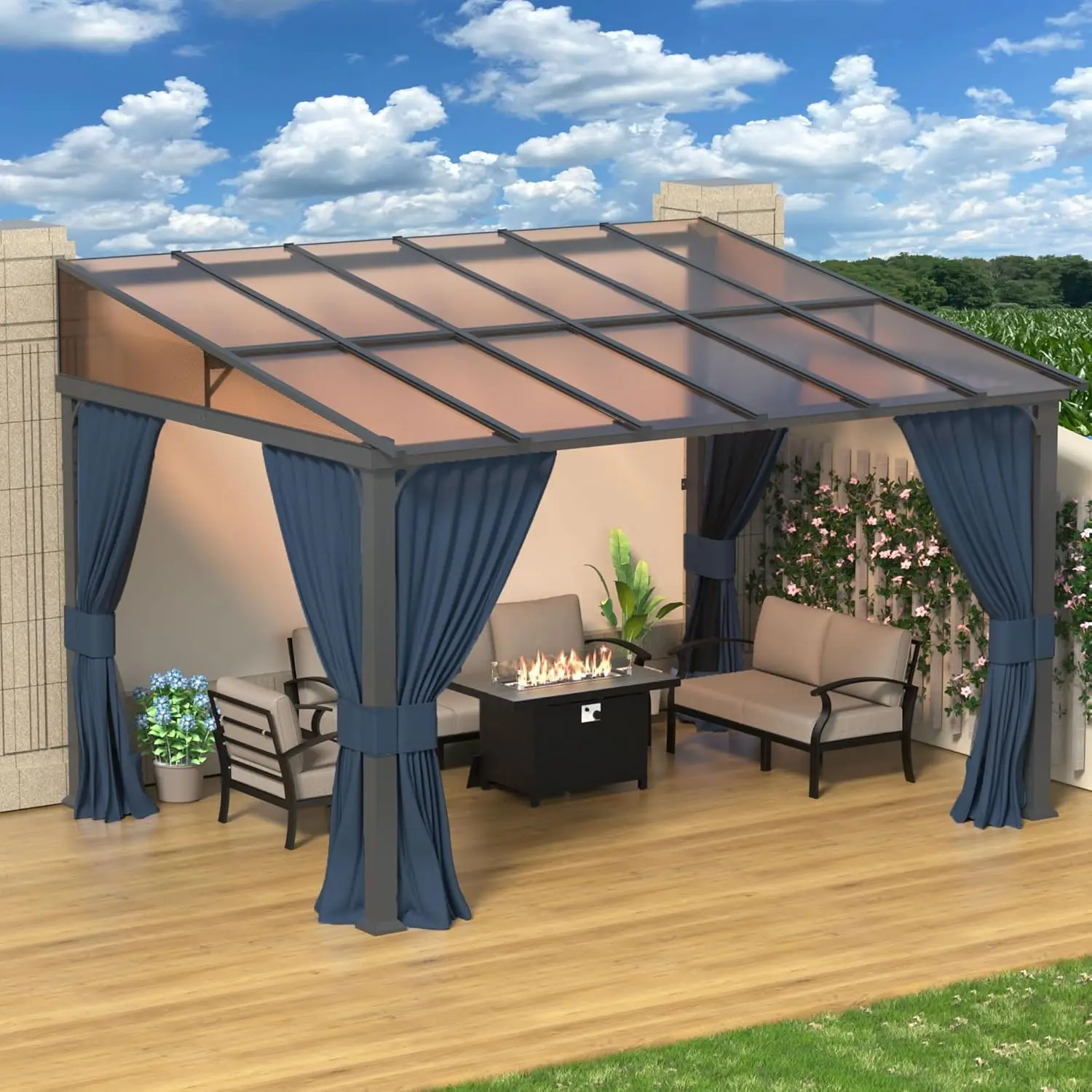 

Беседка-навес 10' x 12' с пристенным креплением, большая усиленная беседка-павильон, уличная пергола с жесткой крышей, шторами и сеткой