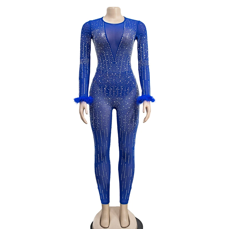 OMSJ 2025 Luxe Strass Veer Splice Sexy Mesh Perspectief O Hals Jumpsuits Bodycon vrouwen Sexy Stijlvolle Midnight Clubwear