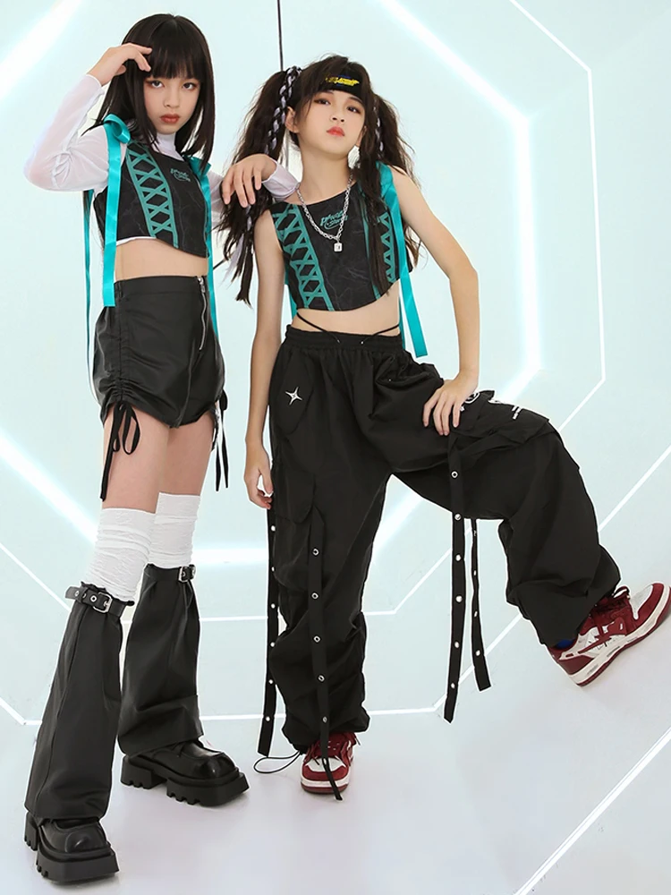 Girls Kpop Clothes Fashion Short Vest Black Hip Hop Pants Jazz Dance Performance Costume Catwalk Concert Stage Clothing BL12660