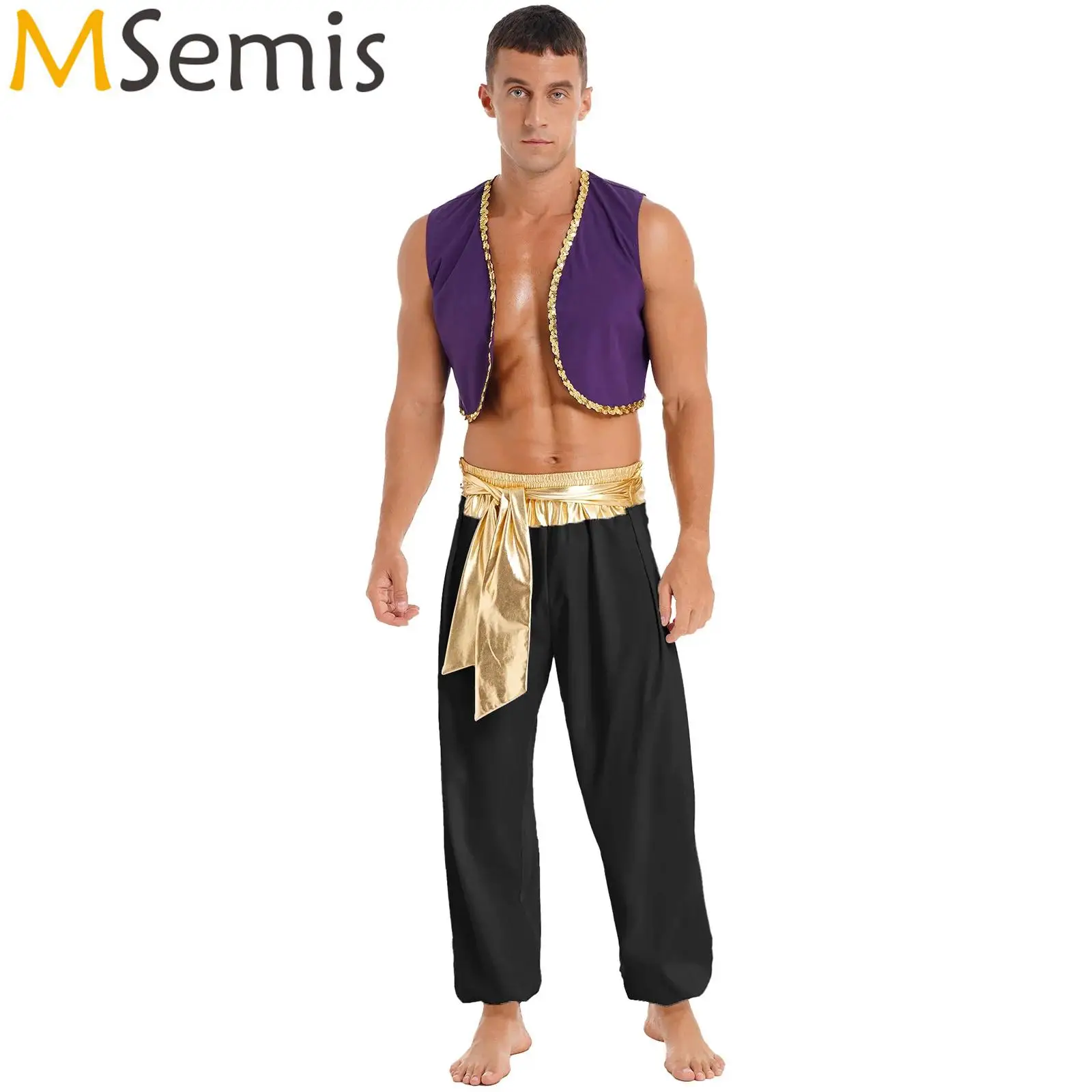 Mens Adult Arabian Mythical Prince Arab Prince Lamp Halloween Aladin Cosplay Costume Set Sequin Trim Waistcoat with Belted Pants