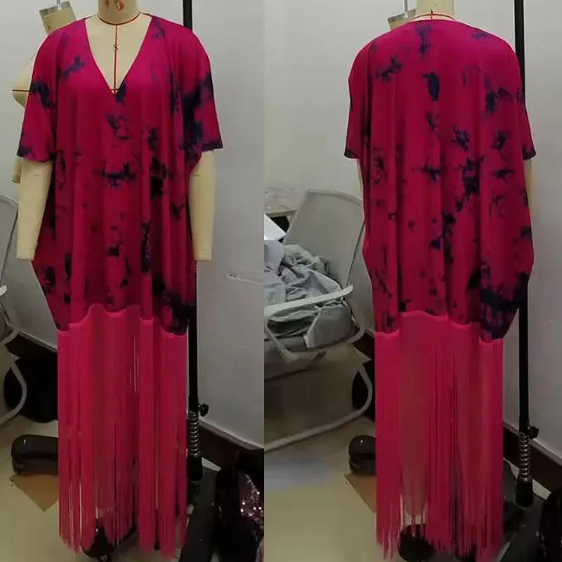 Vintage Print Loose Fit Maxi Dress Women Y2K Clothes Elegant V-neck Tassel Hem Birthday Club Party Long Dresses Vestido De Mujer