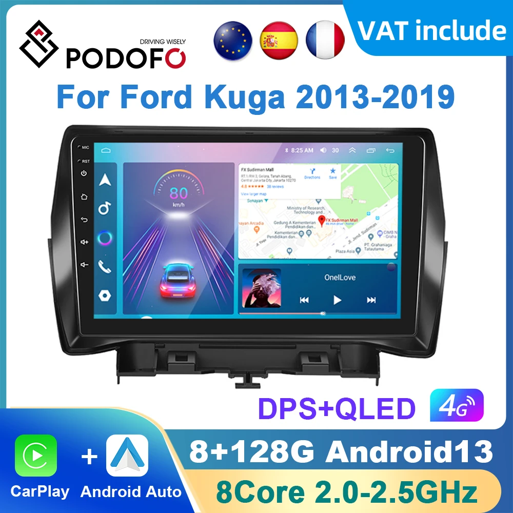 Podofo AI Voice Android Carplay Car Radio For Ford Kuga 2013-2019 Android Auto 4G Multimedia Player GPS Navigation RDS Radio