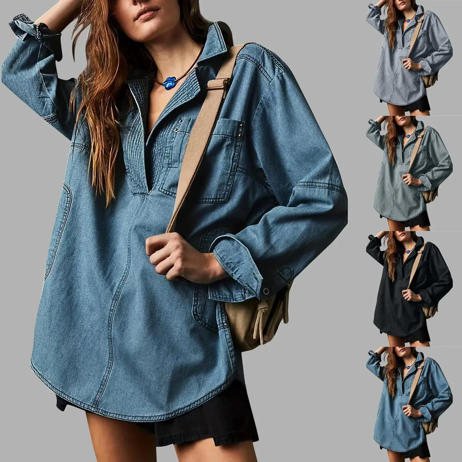 Women Y2k Style Vintage Jeans Hoodies Pullover Oversize Washed Denim Pullover Tops Turn-Down Collar Streetwear Sweatshirts