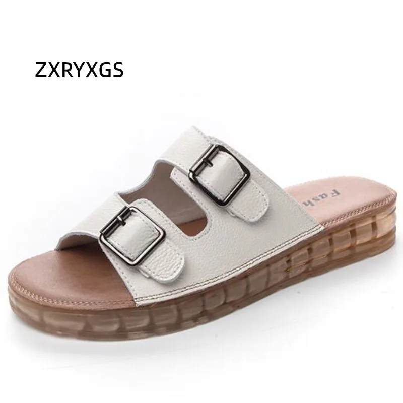 ZXRYXGS Head Layer Cowhide Fish Mouth Slippers Flat Soft Sole Comfortable Non-slip Casual Slippers Women Sandals Summer New 2024