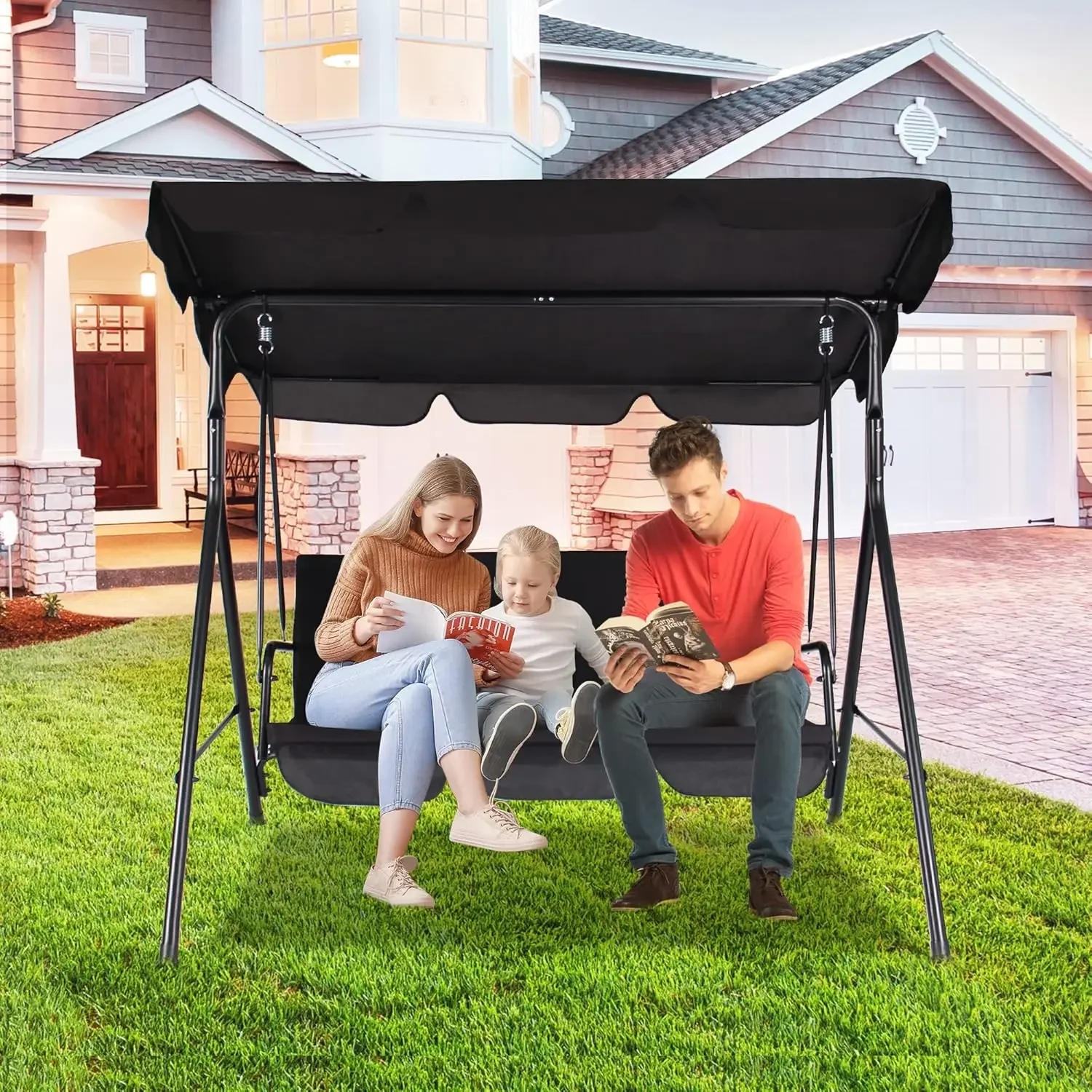 3-Seats Outdoor Patio Swing Chairs with Adjustable Tilt Canopy & Durable Steel Frame,Porch Swing Outdoor Swings for Adults,Remov