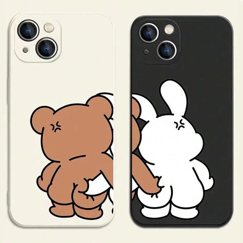 Couple Cartoon Rabbit & Bear Pattern Cases For iPhone 16 15 12 13 14 11 Pro Max 7 8 Plus 16e XR XS Max SE 2022 16Pro Soft Cover image 4