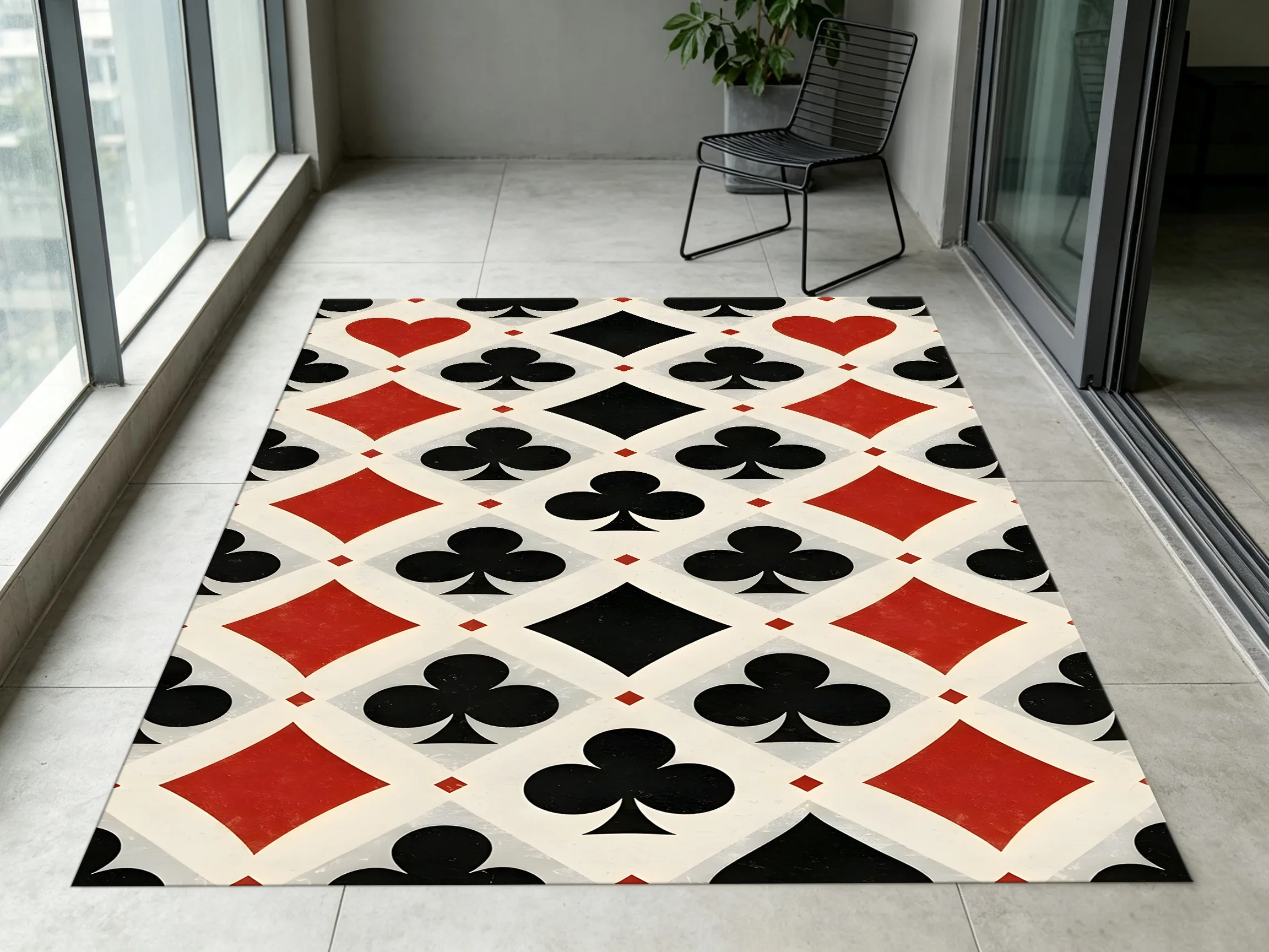 Playing Cards with Red and Black Diamond Pattern, Trendy Retro Style, Perfect for New Year's Parties, Living Room, Card Room, Board Game Area, Personalized and Eye-Catching Velvet Carpet