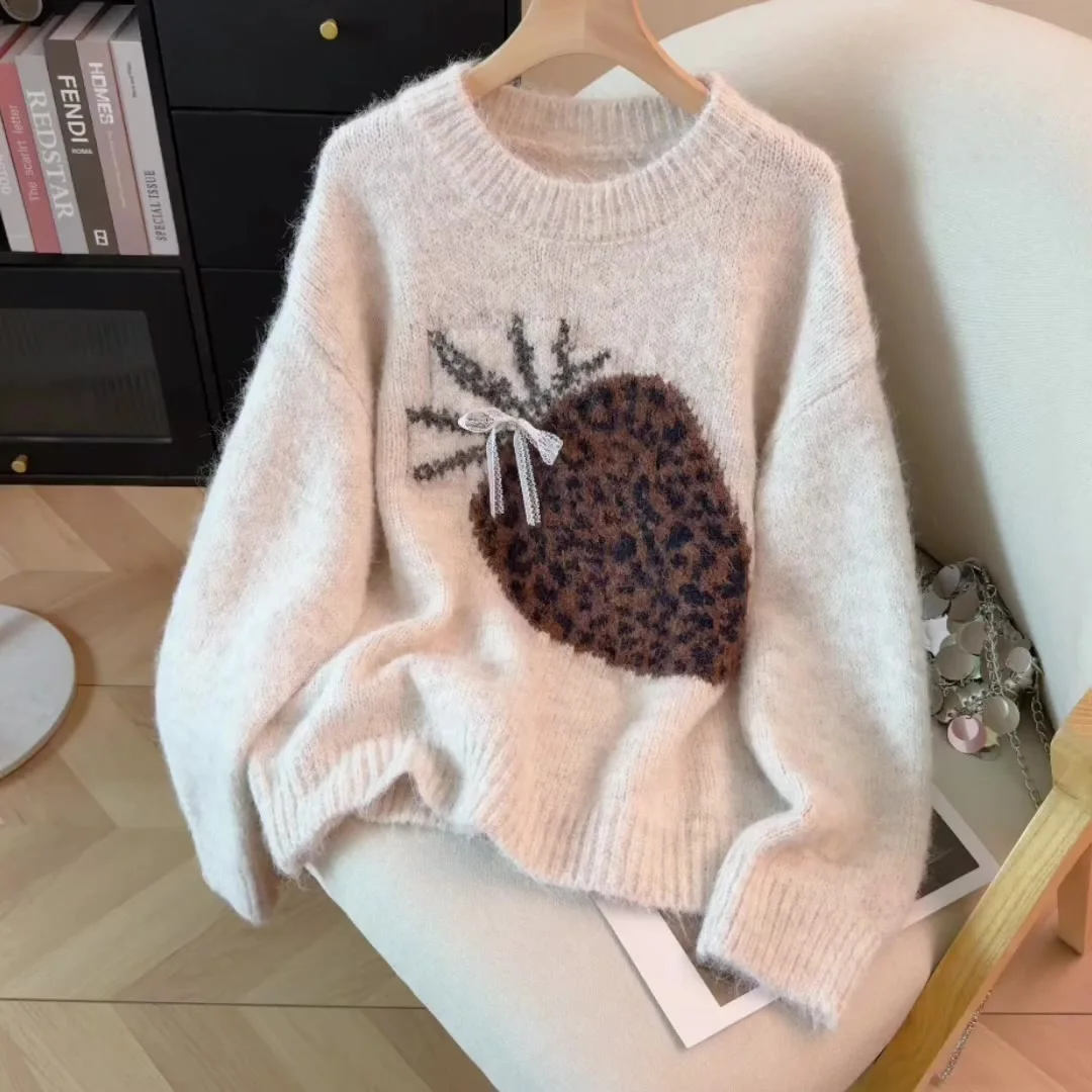 Women Apricot Pullover Strawberry Sweater Vintage 2000s Jumper Knit Long Sleeves O-Neck Cashmere Sweater for Women Autumn Winter