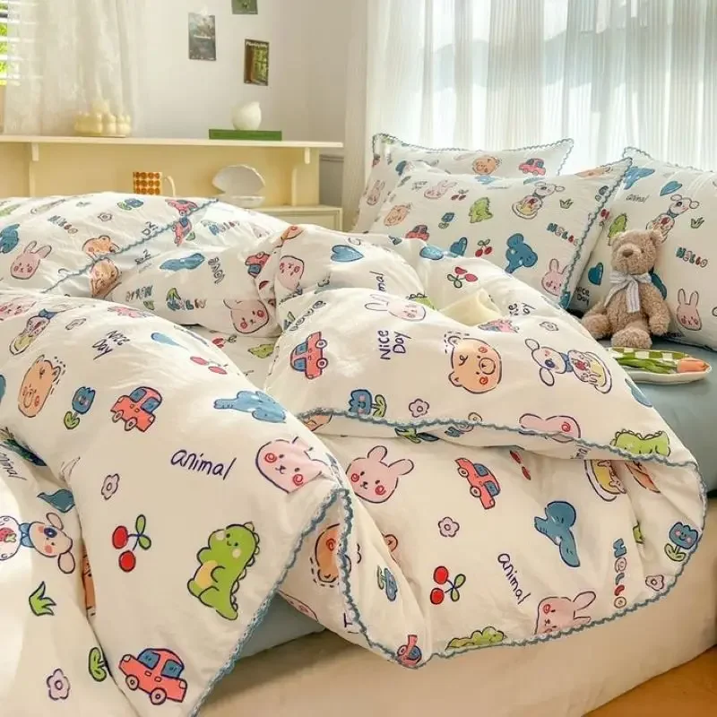 Cartoon Childlike Ins Fashion Comforter Fresh Floral Bedding Set  Leaves Flower Duvet Cover Pillowcases Soft Washed Cotton