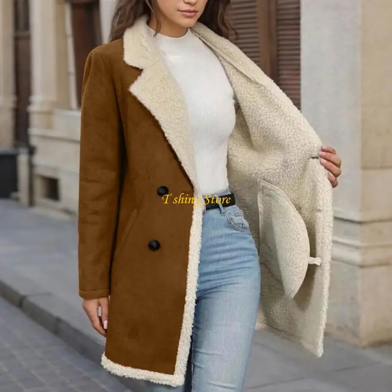 N58F Women's Faux Suedes Double Breasted Coat with Warm Fleece Lining Notched Collar And Side Pockets For Winter Comfort And