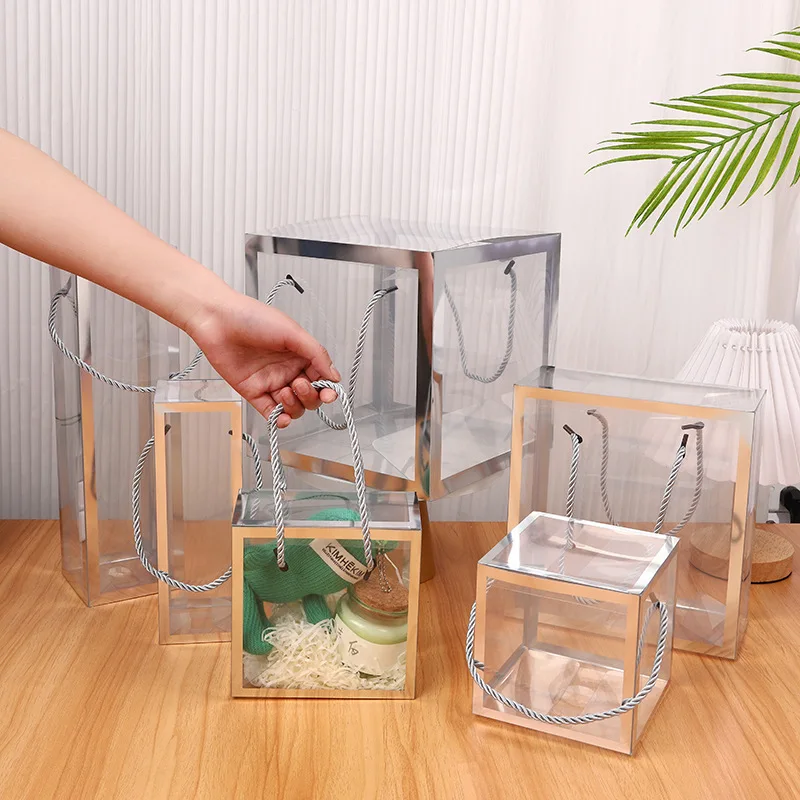 

10 шт., прозрачные сумки-тоут из ПВХ, подарочные пакеты с прямой ручкой и золотой или серебряной отделкой для свадеб, дней рождения, вечеринки и розничной торговли