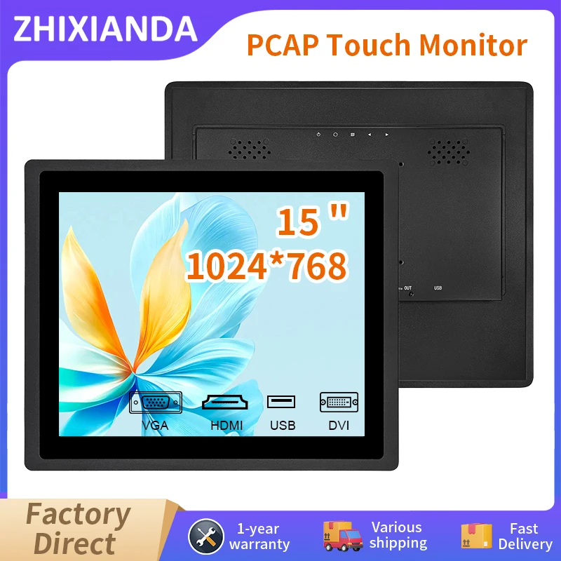 15 Inch 1024*768 Embedded Monitor Capcaitive Touch Screen 4:3 Ratio Panel Mount Industrial Display With DVI HDMI VGA Port