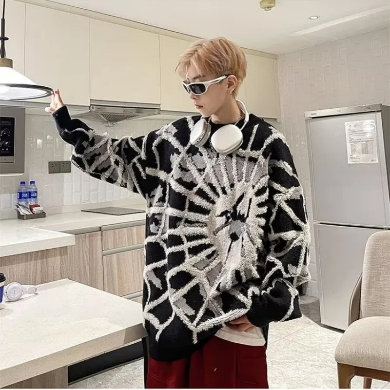 Unsiex Knitting Sweater 2026 New Men Short Sleeve Sweater American Street Spider Jacquard Knit Loose Knitwear Pullover
