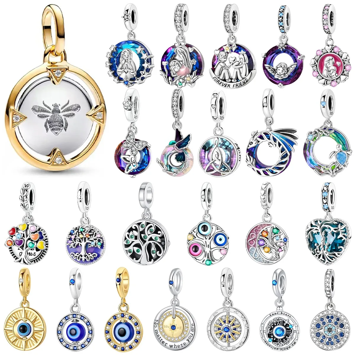 

Colorful 925 Sterling Silver Round Tree Of Life Starry Sky Devil's Eye Charms Beads Pendants Fit Women Bracelet DIY Jewelry Gift