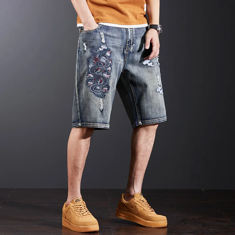 2024 New Chinese Dragon Embroidered Denim Shorts Men's Loose Hole plus Size Retro Washed Street Shorts
