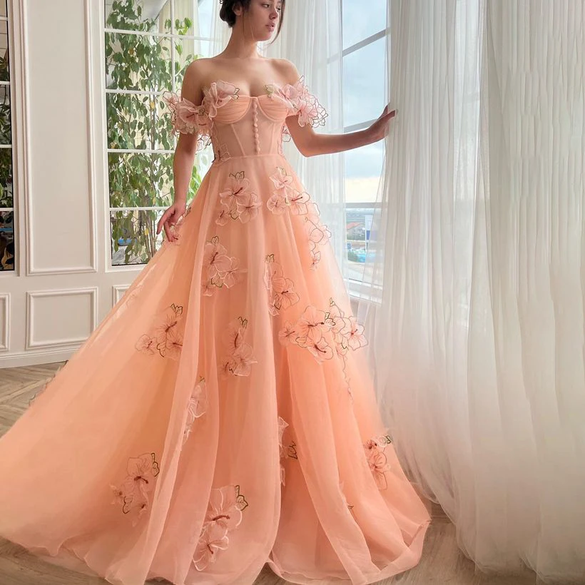 Peach Lace Formal Prom Dresses Off Shoulder 3D Flowers A-Line Backless Evening Dress Buttons Princess Pageant Party Gowns 2023