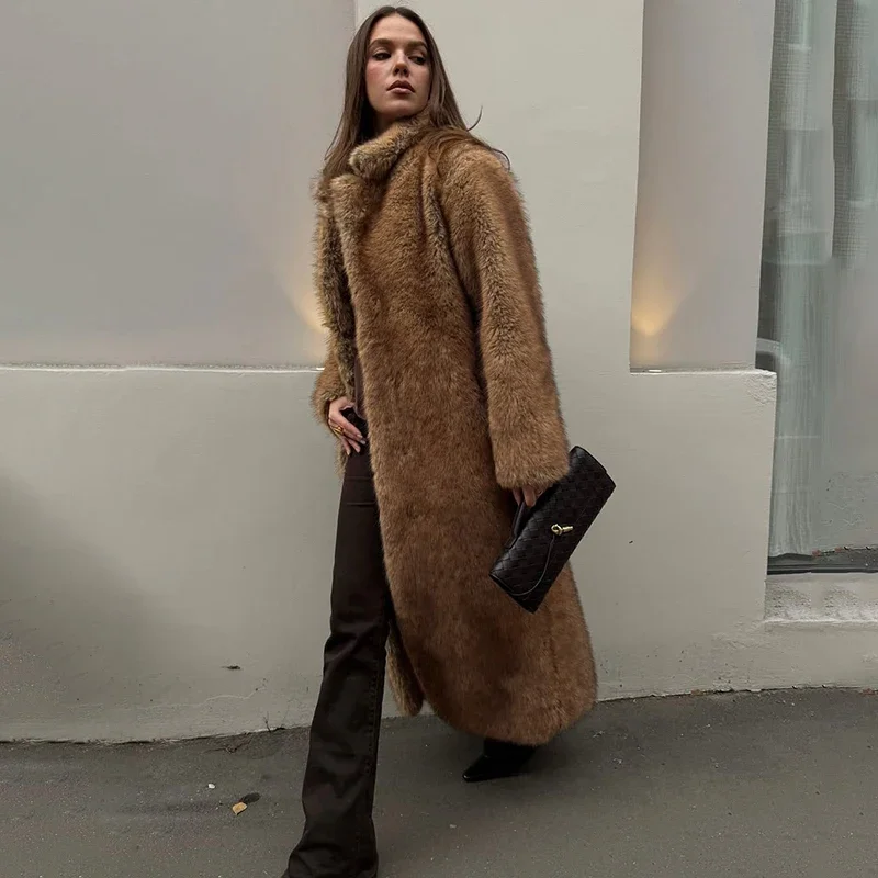 秋冬レディースロングフェイクファーコートヴィンテージ高級ファー付きオーバーコートラペルポケットファッション女性用ジャケット