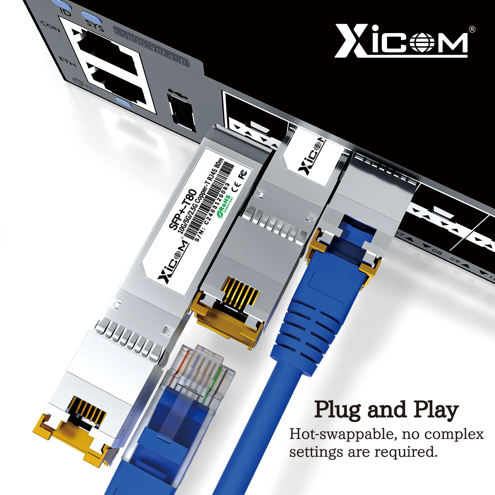 Xicom 10G SFP + RJ45 وحدة إرسال واستقبال نحاسية SFP 80M RJ45 Port 10G/5G/2.5G متوافقة مع محول ألياف إيثرنت Cisco/Mikrotik