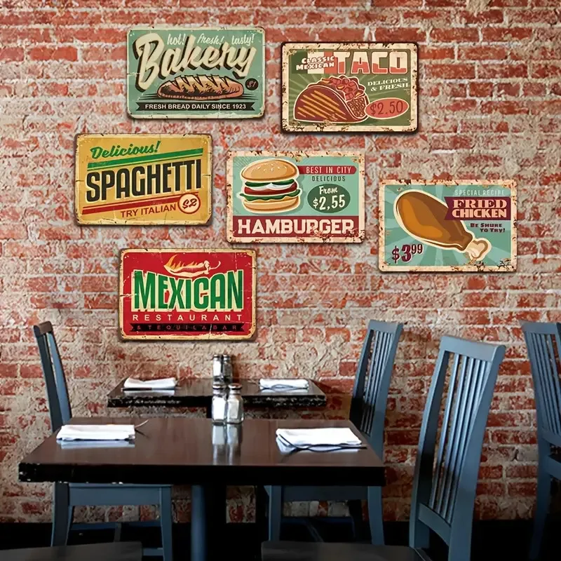 2D Flat - Set of 6 Retro Metal Fast Food Signs - Classic Wall Decoration for Restaurants, Home Bars, Cafes, And Kitchens - Measu