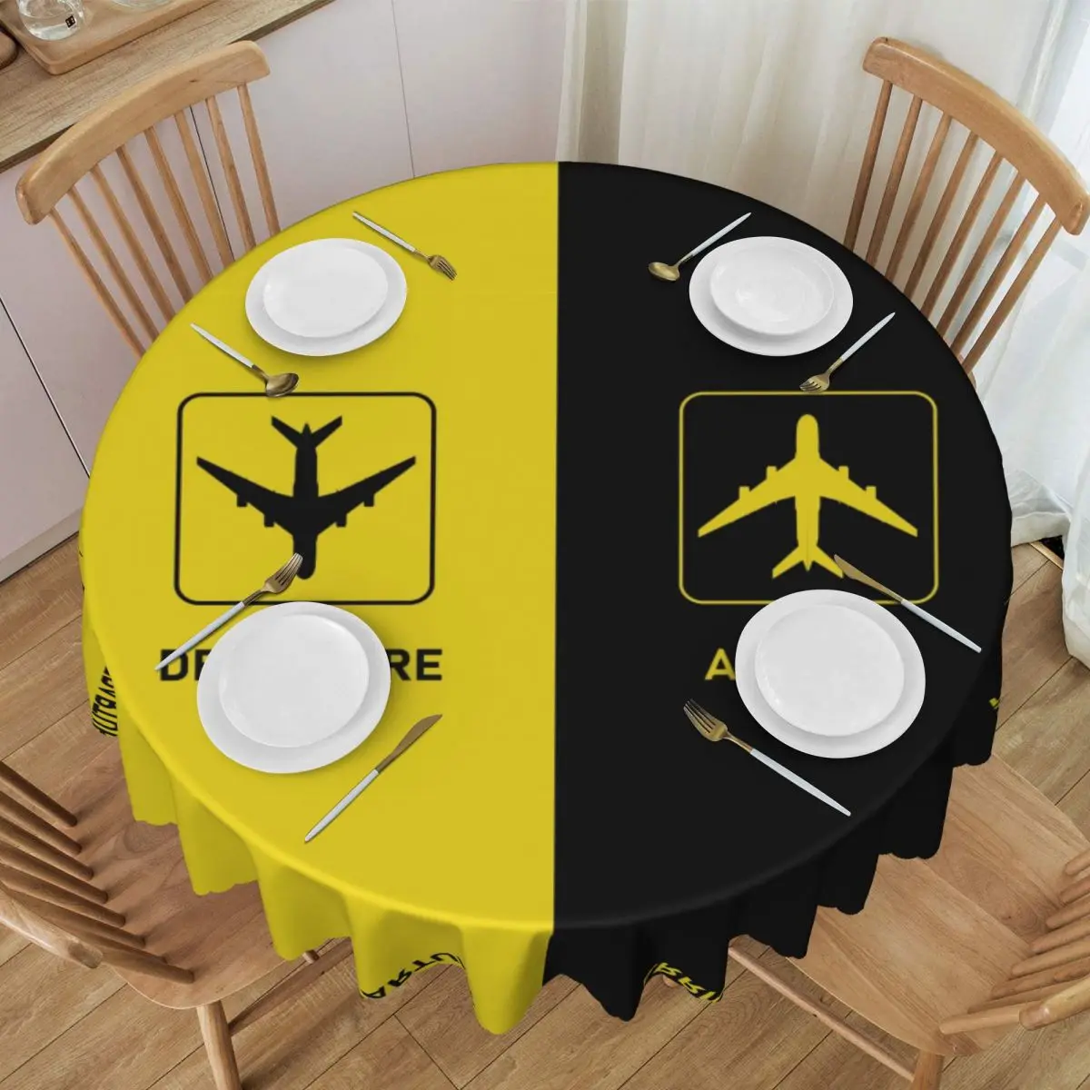 Aviation Arrival Departure Tablecloth Round Waterproof Aviator Airport Plane Table Cloth Cover for Banquet 60 inch