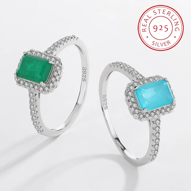 Fashionable and Authentic S925 Silver Emerald Sapphire Square Zircon Ring for Women Rectangular Versatile Gift Jewelry
