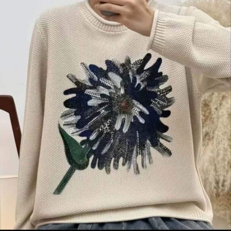 

Spring and Autumn Versatile Loose Jacquard Vintage Printed Base Top Korean Autumn and Winter Pullover Knit Sweater