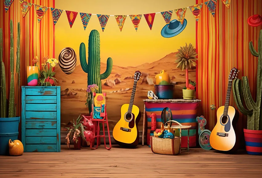 Mexican Western Desert Saguaro Cactus Photography Backdrop Guitar Birthday Party Decor Background Kids Portrait Photozone