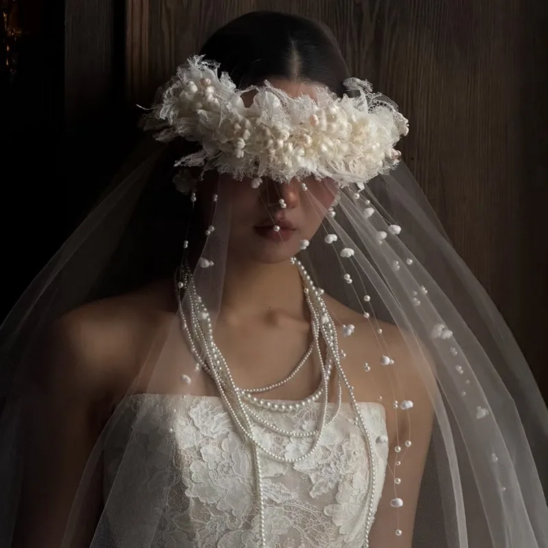 Retro French beige bridal headgear pearl lace fringed headband wedding dress wedding high-end jewelry