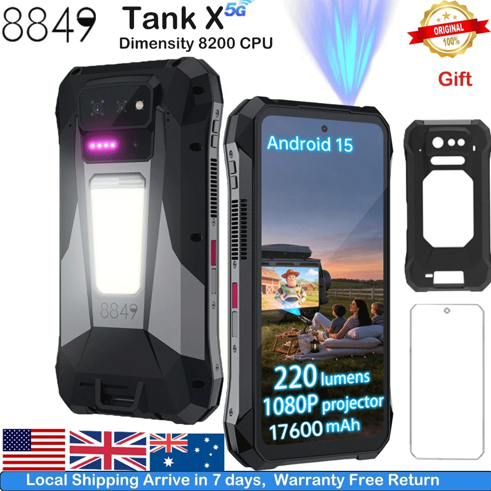 

8849 Tank X Unihertz 220 Lumens Projector Rugged Smart Phone Support 1080P 5G AI Android 15 17600mAh 512GB Dimensity 8200