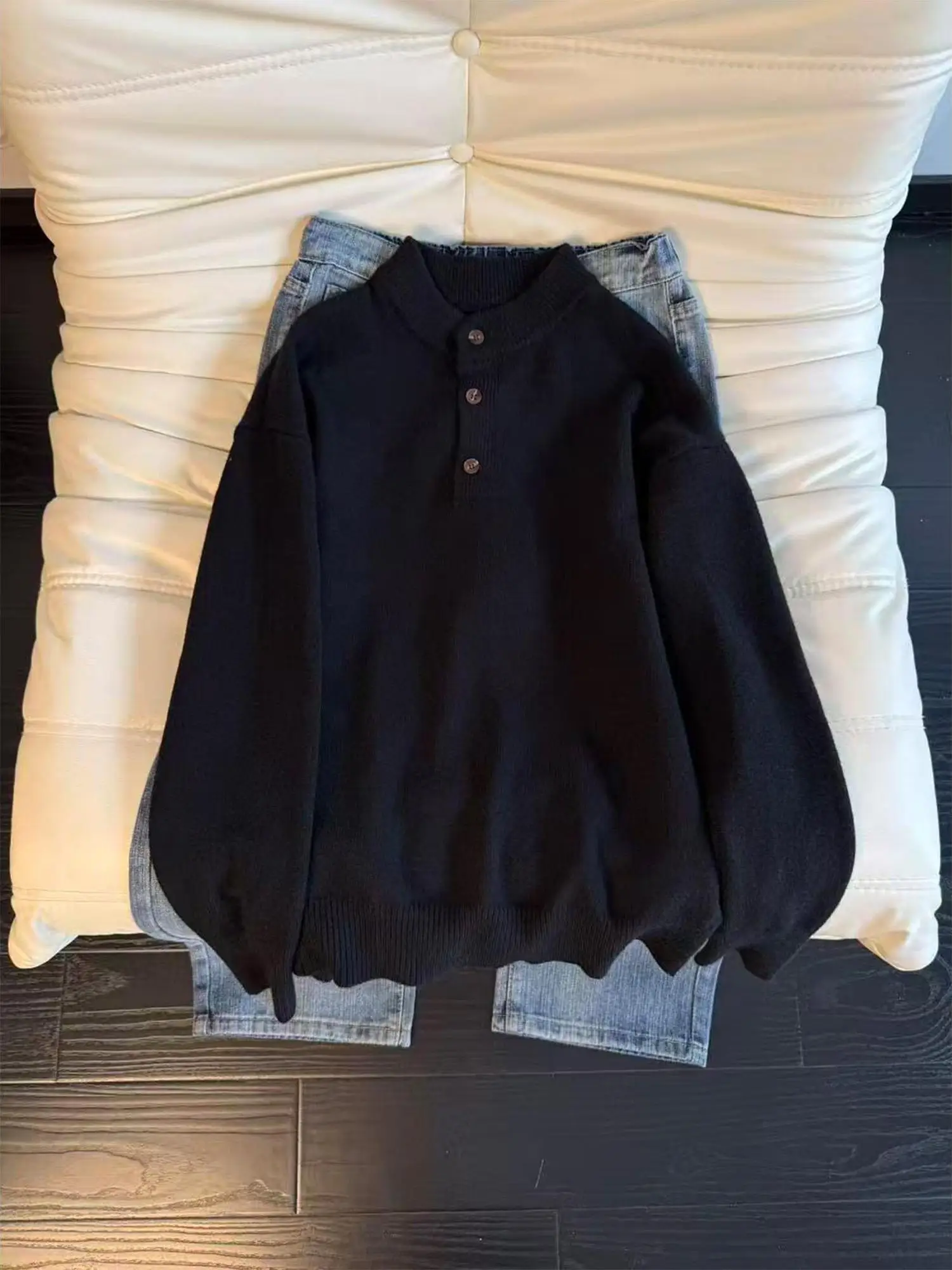 

American Sle Men's Knitted Sweater Bla Henry Collar Long Sve Casual Inner Wear for Autumn Winter Comfortable Knitwear