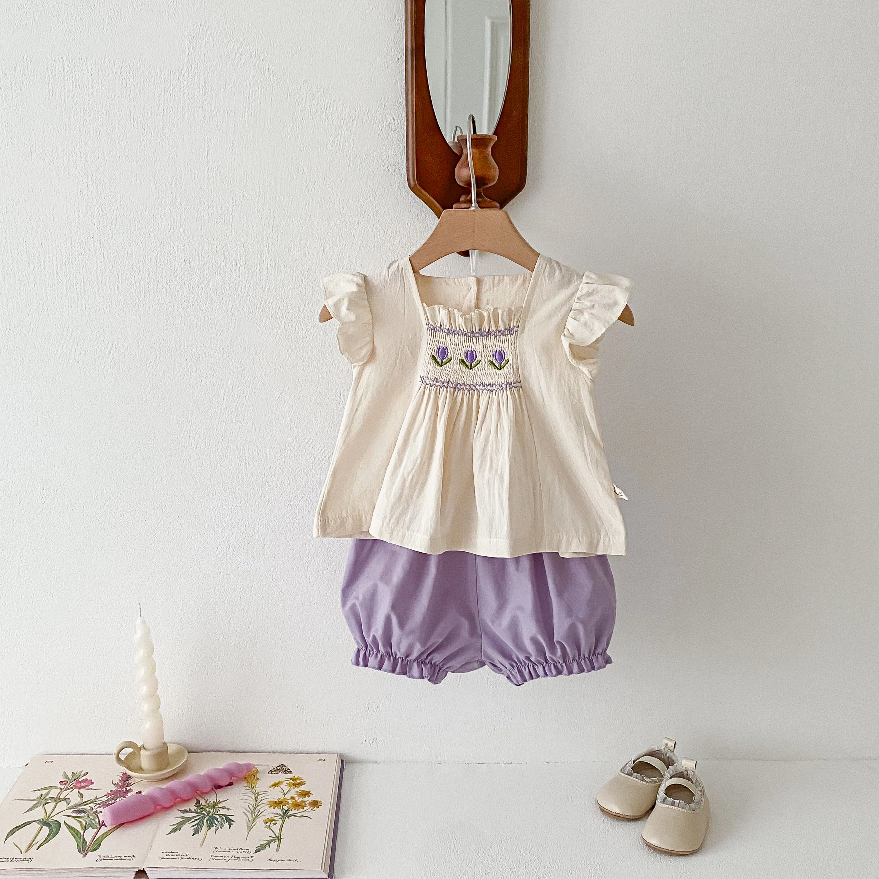 Spring Baby Girls Suit  Korean  Purple Flower Embroidered  Sleeveless Top + Purple Shorts 2pcs Baby Clothes 0-3 Years Old