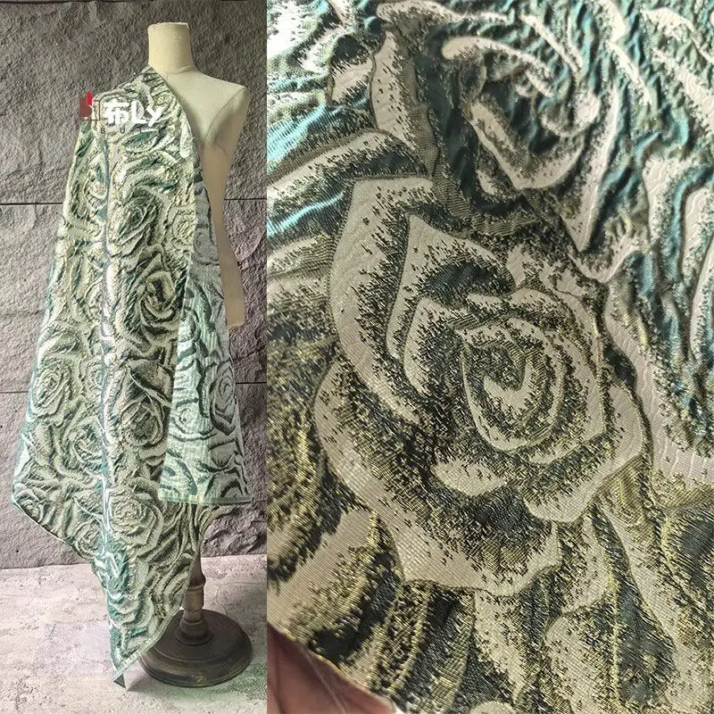 vintagegoldgreen-rose-3d-texture-gold-jacquard-embossed-fabric-oil-painting-style-for-hanfu-luxury-designer-diy-apparel-material