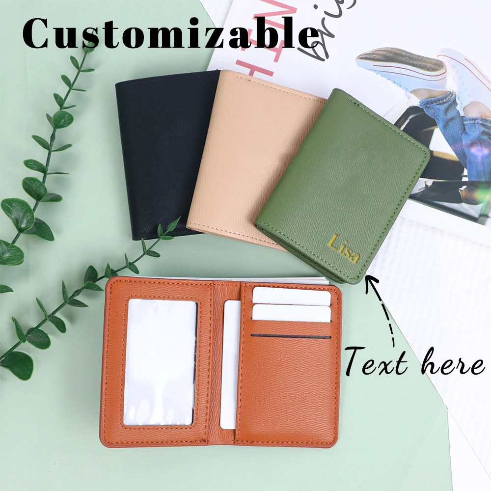 Customized Name PU Leather Double-Fold Short Wallet with ID Window and Card Slot as a Standing Double-Fold Card Holder Wal