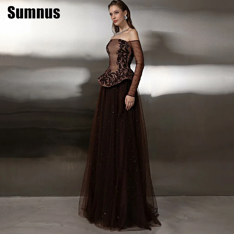

Sumnus Modern A-Line Prom Dress Brown Off Shoulder Appliques Floor Length Evening Dresses فساتين سهرة Customized