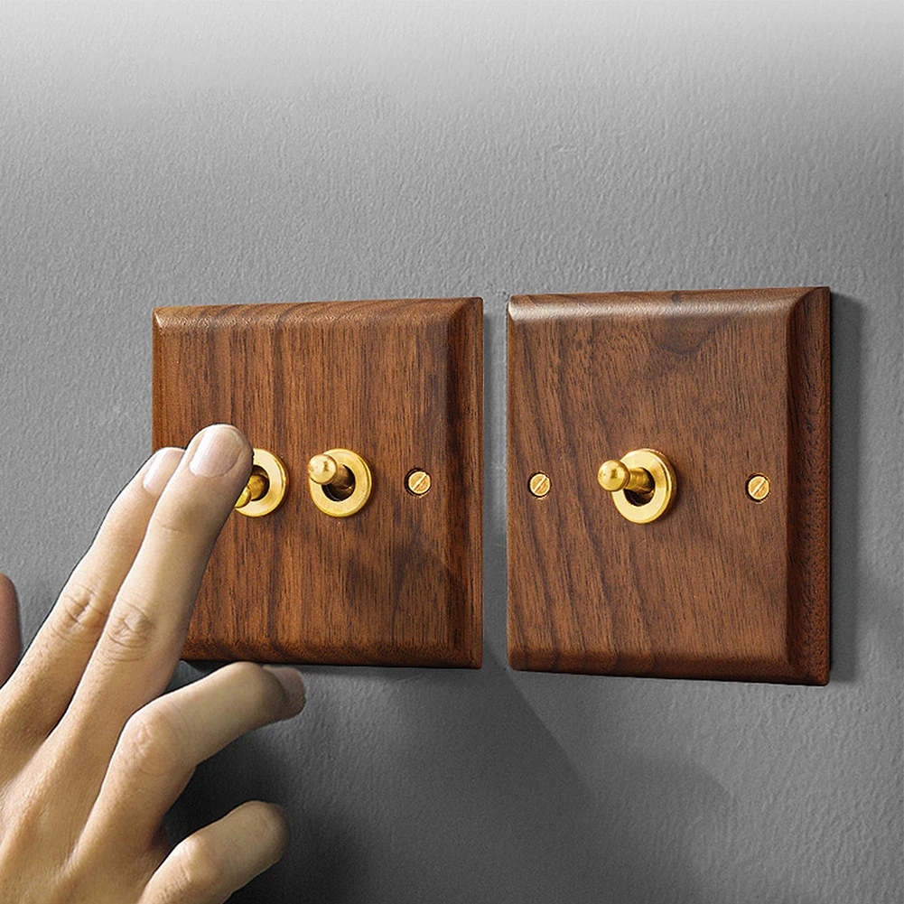 1Pcs Europe Type Vintage Wall Light Switch Socket 86mm Retro Walnut Wood Brass For Toggle Switch Plate 1/2/3/4 Brass Levers